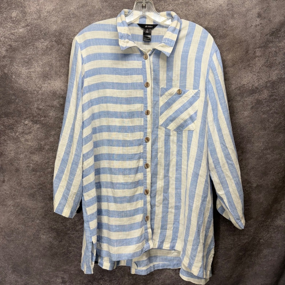 Ali Miles Blue White Striped Linen Blend Button Down Tunic Shirt Size 1X Coastal